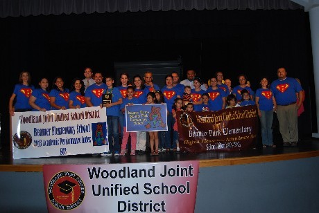 Group of students on stage holding banners that say Beamer Park Elementary in front of a Woodland Joint Unified School District Banner. 